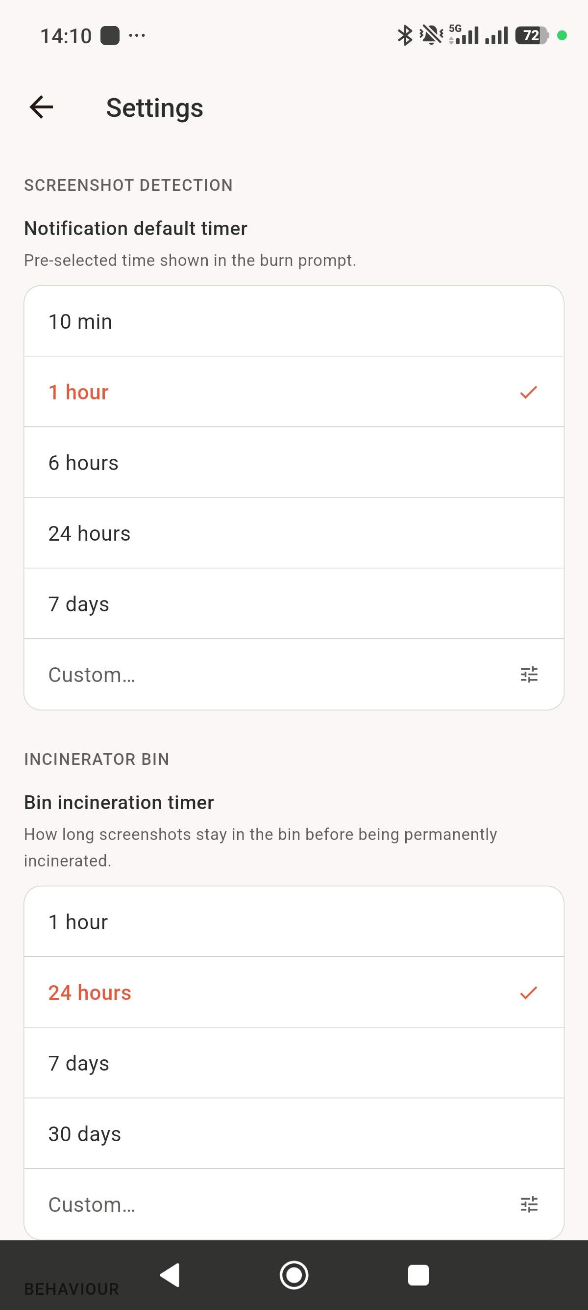Settings screen